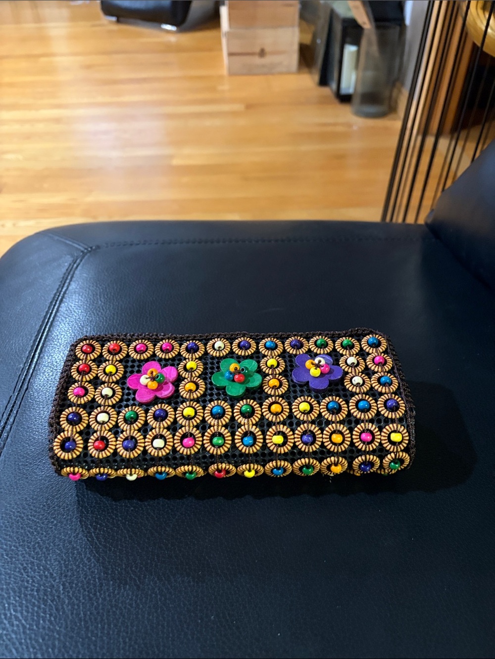 Beaded Multicolor Floral Eyeglass Case - Black